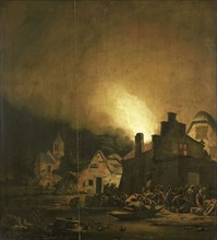 Fire in a Village at Night, Adam Colonia, 1650 - 1685