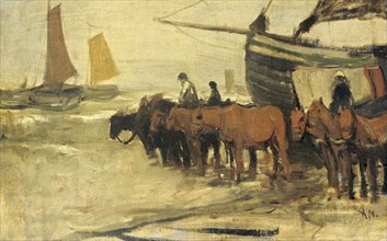 Bringing a fishing smack in the sea, Anton Mauve, 1870 - 1888