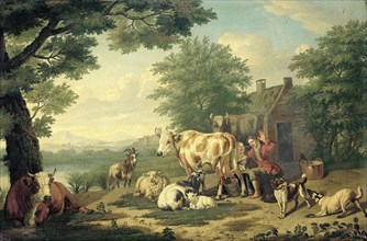 Rustic Scene with Woman Milking, Jan van Gool, 1710 - 1763