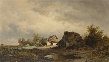 Landscape with cabins on the heath, Remigius Adrianus Haanen, 1830 - 1894
