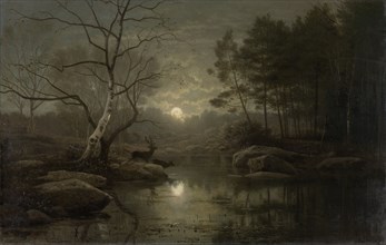 Forest landscape by moonlight, Georg Eduard Otto Saal, 1861