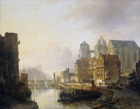 Fantasy View of a City on a River with the Aachen Cathedral, Kasparus Karsen, 1846