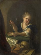 Bubble-blowing Girl with a Vanitas Still Life, manner of Adriaen van der Werff, 1680 - 1775