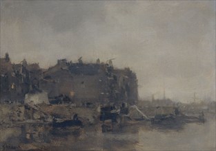Houses on the Prins Hendrikkade Amsterdam on a foggy day, The Netherlands, Jacob Maris, 1899