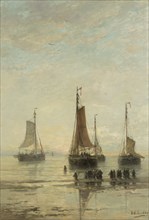 Scheveningse bommen anchored, Hendrik Willem Mesdag, 1860 - 1889, fishing boats