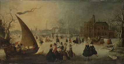 Landscape with a frozen Canal, Skaters and an Ice Boat (Winter Entertainment), Adam van Breen, 1611
