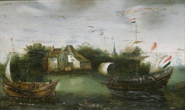 A Ship Sailing on an inland Waterway, Anonymous, c. 1614 - c. 1630