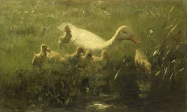 White duck with chicks, Willem Maris, 1880 - 1910