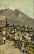 Houses on a road, behind a high mountain (Innsbruck?), Geo Poggenbeek, c. 1882