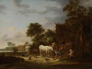 Country inn with a horse at the trough, Isaac van Ostade, 1643