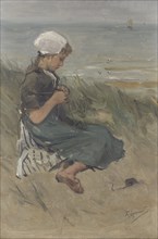 Knitting girl on a dune, Bernardus Johannes Blommers, c. 1870 - c. 1900