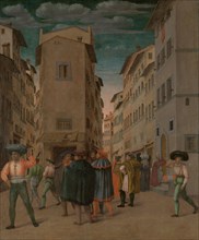 Florentine Street Scene with Twelve Figures (Sheltering the Traveler, one of the Seven Works of