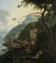 Boatmen Moored on the Shore of an Italian Lake Italy, Adam Pijnacker, 1650 - 1670