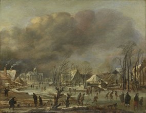 Snowfall on a village beside a frozen canal, Aert van der Neer, 1630 - 1677