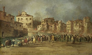 Fire in the San Marcuola Oil Depot, Venice, 28 November 1789, Italy, copy after Francesco Guardi,