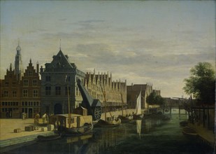 The Weigh House and the Crane on the Spaarne in Harlem, Gerrit Adriaensz. Berckheyde, 1660 - 1698