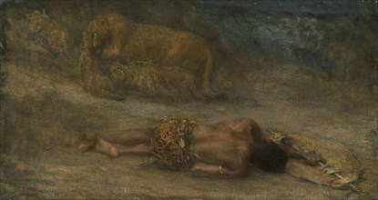 A lioness with her cubs at a dead black man named Nemesis, John Macallan Swan, 1870 - 1905
