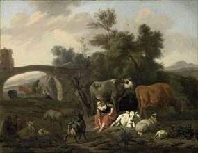 Landscape with Herdsmen and Livestock, Dirck van Bergen, 1660 - 1690