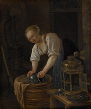 Woman scouring metalware, Jan Havicksz. Steen, 1650 - 1660