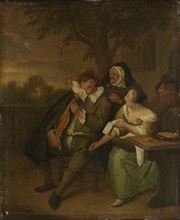 Man with a fiddle in bad company, copy after Jan Havicksz. Steen, 1670 - 1700