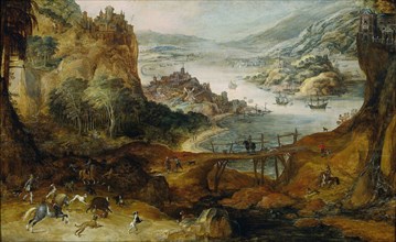 River Landscape with Boar Hunt, Joos de Momper (II), c. 1590 - c. 1635