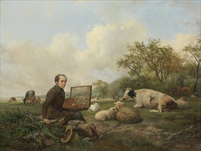 The Artist Painting a Cow in a Meadow, Hendrikus van de Sande Bakhuyzen, 1850