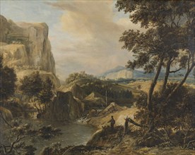 Mountainous landscape with fisherman, Roelant Roghman, 1650 - 1692