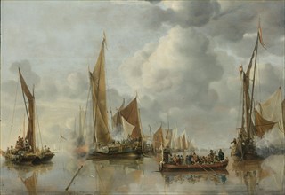 The Home Fleet Saluting the State Barge, Jan van de Cappelle, 1650