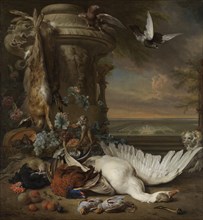 Hunting and Fruit Still Life next to a Garden Vase, with a Monkey, Dog and two Doves, in the