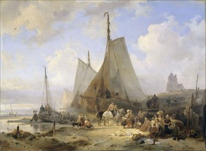 Fishing Boats on the Beach with Fishermen and Women Sorting the Catch, Wijnand Nuijen, 1835