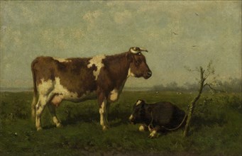 A cow with her calf in a meadow, Jan Vrolijk, 1879