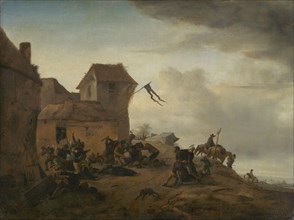 Fighting Peasants near a Village, Philips Wouwerman, 1650 - 1668