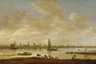 View of an Imaginary Town on a River with the Tower of Saint Pol in Vianen, River Landscape with