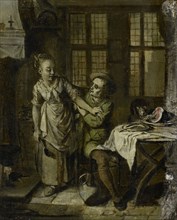 Gallant Scene in a Kitchen Interior, Willem Joseph Laquy, 1780 - 1798