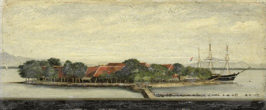 View of the island Kuiper in the bay of Batavia Jakarta Indonesia, Jacob Pieter Mercier, 1855 -