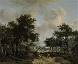 Wooded Landscape with Merrymakers in a Cart, Meindert Hobbema, c. 1665