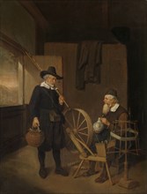 Interior with an Angler and a Man Sitting at a Spinning Wheel and Reel, Quiringh Gerritsz. van