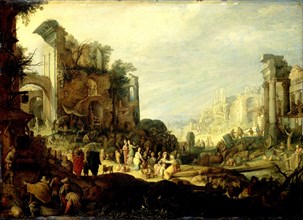 Landscape with Ruins and the Meeting of Rebecca and Eliezer, attributed to Willem van Nieulandt,
