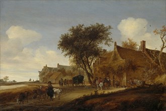 A village inn with stagecoach, Salomon van Ruysdael, 1655