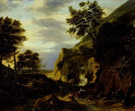 Mountainous landscape with waterfall, Roelant Roghman, 1650 - 1692