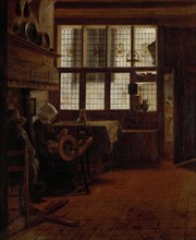 Interior with a Woman at a Spinning Wheel, Esaias Boursse, 1661