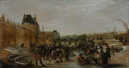 Amusement on the Ice on a Canal, perhaps at the Janspoort in Haarlem, The Netherlands, copy after