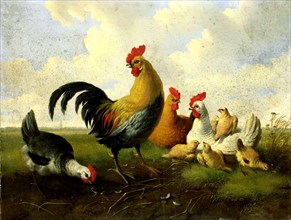 A rooster with hens and chicks, Albertus Verhoesen, 1855