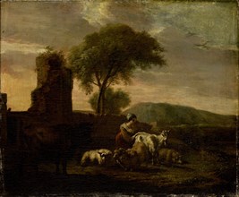 Italian Landscape with Shepherdess and Animals, Simon van der Does, 1712