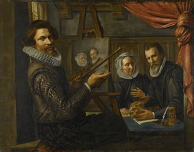 The Painter in his Studio Painting the Portrait of a Married Couple, Herman van Vollenhoven, 1612