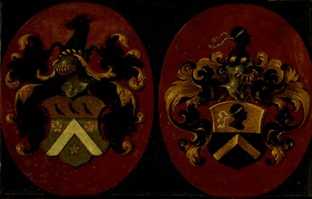 Hatchment with the coat of arms of Boudaen and Fourmenois, 1623, het wapen van Fourmenois omgewend,