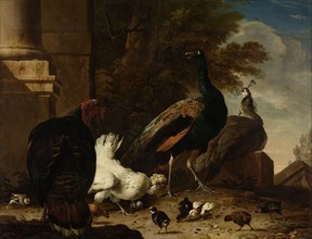 A Hen with Peacocks and a Turkey, Melchior d' Hondecoeter, c. 1680