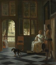 Man Handing a Letter to a Woman in the Entrance Hall of a House, Pieter de Hooch, 1670