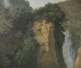 Overgrown Cliffs with a Waterfall in Italy, perhaps at Tivoli, attributed to Hendrik Voogd, 1790 -