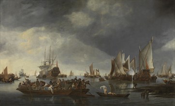 Harbor with Sailboats and Ferry Boat, Hendrick Jacobsz. Dubbels, 1650 - 1675